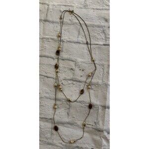 Gold Tone Long Layered Necklace Brown & Blush Beads